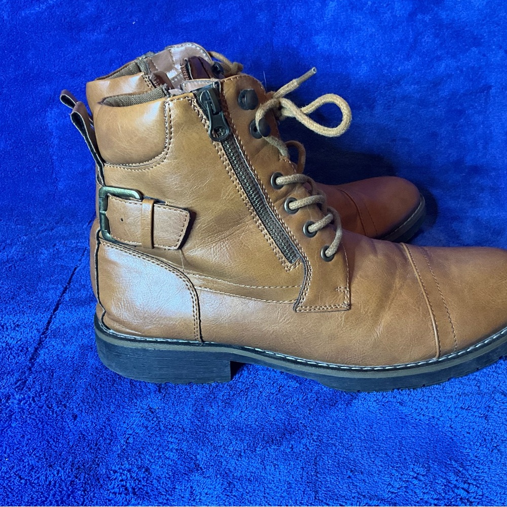 Vostey Milan Brown Combat Motorcycle Leather Boots Lace Up & Zip Mens Size 10.5